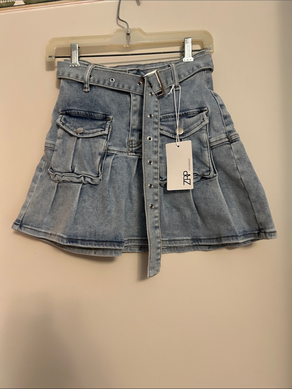 ZRP Los Angeles light blue denim belted skirt size 7 new/tags